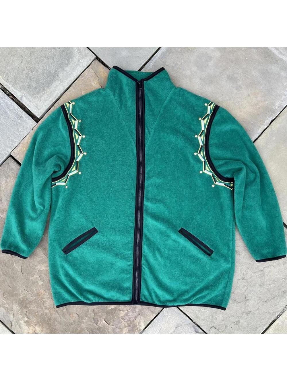 Vintage 80s Green Fleece Embroidered Zip Jacket